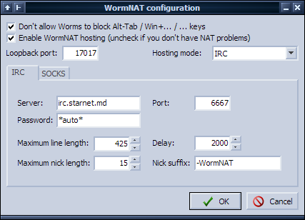 WormNAT configuration screenshot